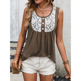 Brown Round Neck Sleeveless Gathered Top