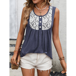 Blue Sleeveless Lace Insert Top