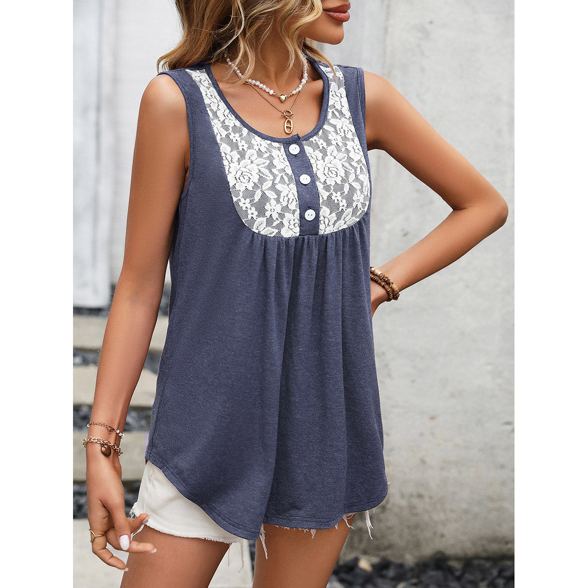 Blue Sleeveless Lace Insert Top