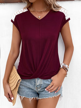 Maroon Extended Sleeves Twisted V-neck Laced Top
