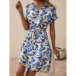 Blue Abstract Printed V-Neck Extended Sleeves Tie-Up Detailed A-Line Dress