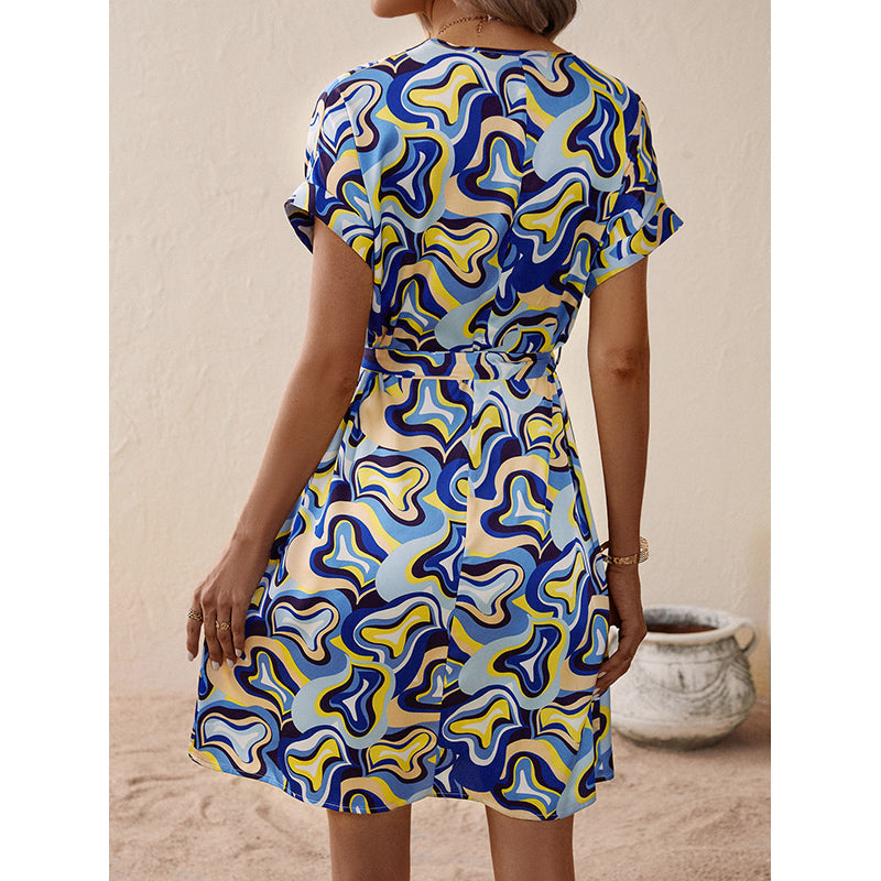 Blue Abstract Printed V-Neck Extended Sleeves Tie-Up Detailed A-Line Dress