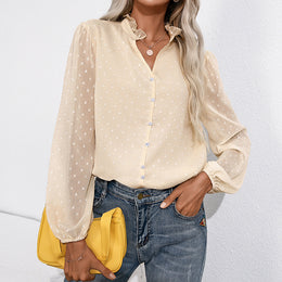 Beige High Neck Self Design Shirt Style Top
