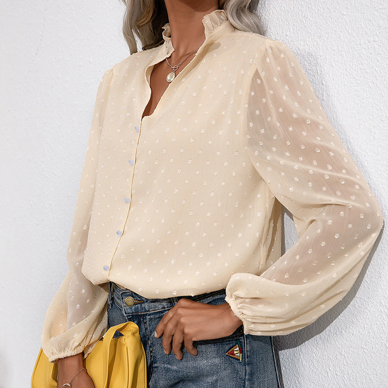 Beige High Neck Self Design Shirt Style Top