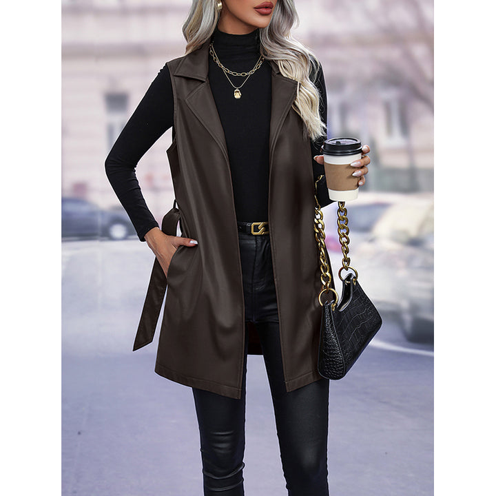 Women Coffee Brown Lapel Collar Sleeveless Longline Tailored Jacket