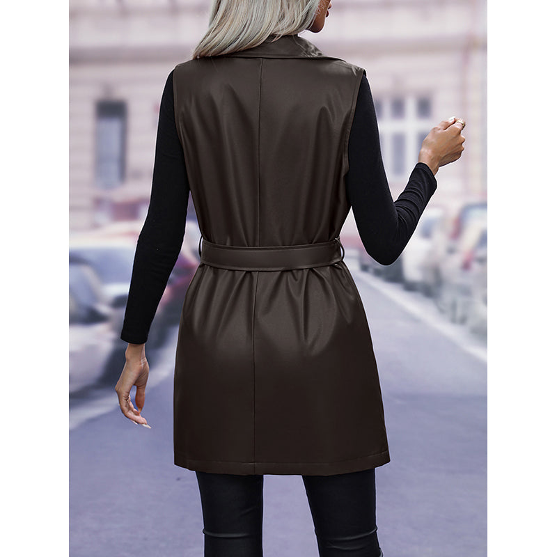Women Coffee Brown Lapel Collar Sleeveless Longline Tailored Jacket