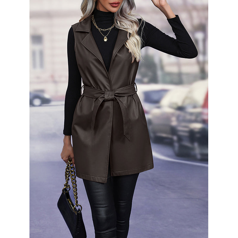 Women Coffee Brown Lapel Collar Sleeveless Longline Tailored Jacket