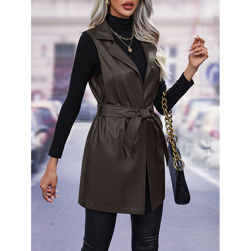 Women Coffee Brown Lapel Collar Sleeveless Longline Tailored Jacket