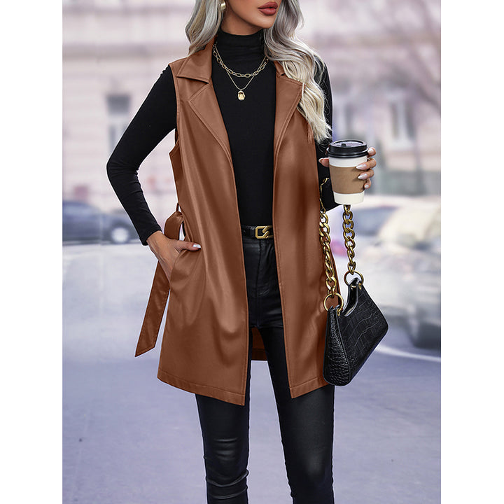 Brown Longline Sleeveless Leather Jacket