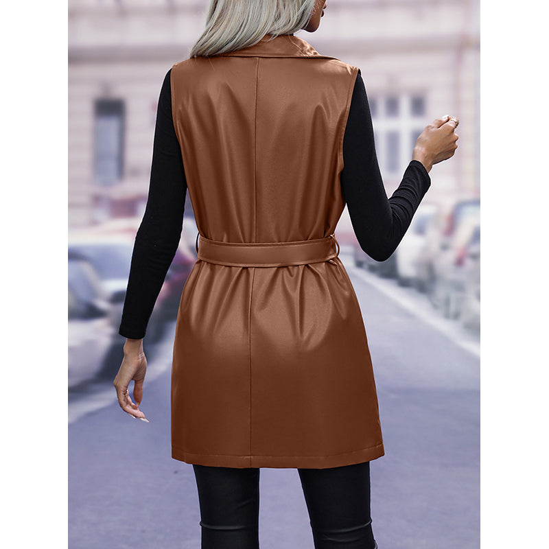 Brown Longline Sleeveless Leather Jacket