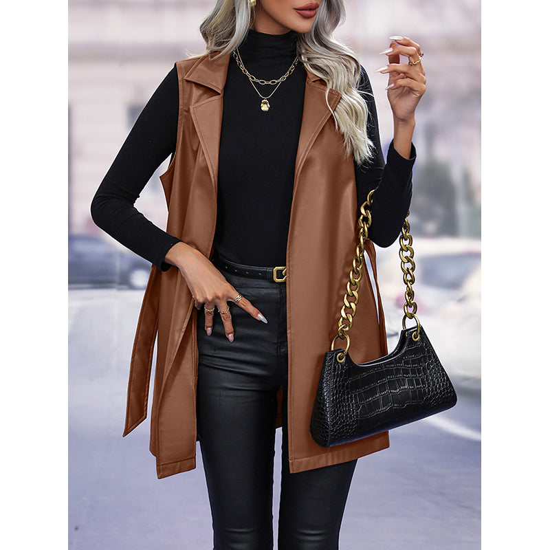 Brown Longline Sleeveless Leather Jacket