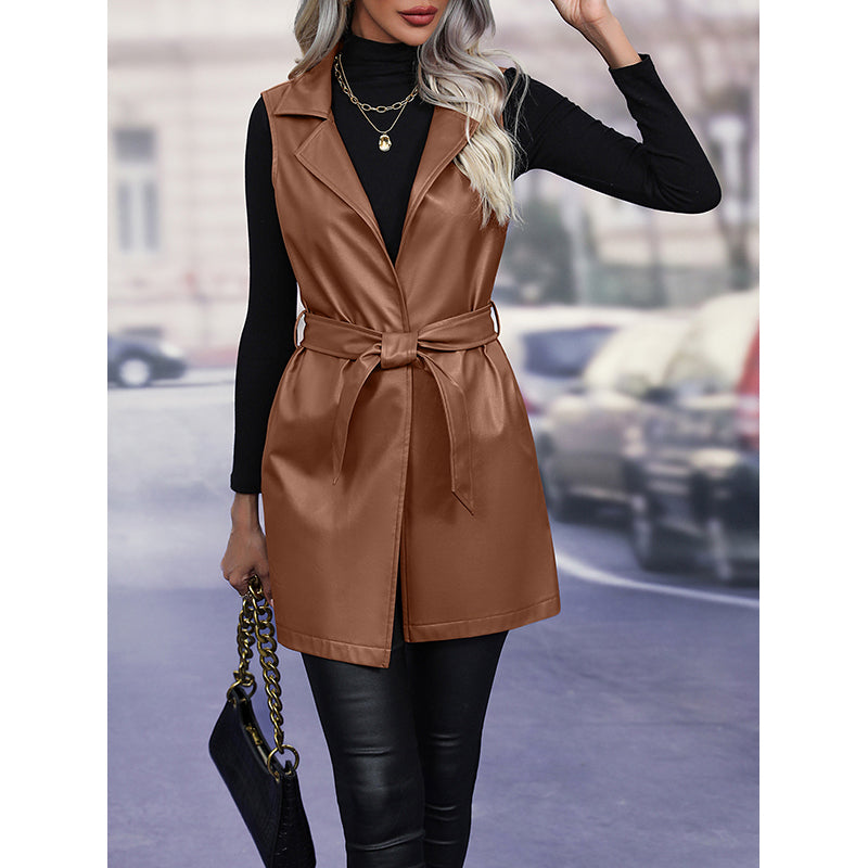 Brown Longline Sleeveless Leather Jacket