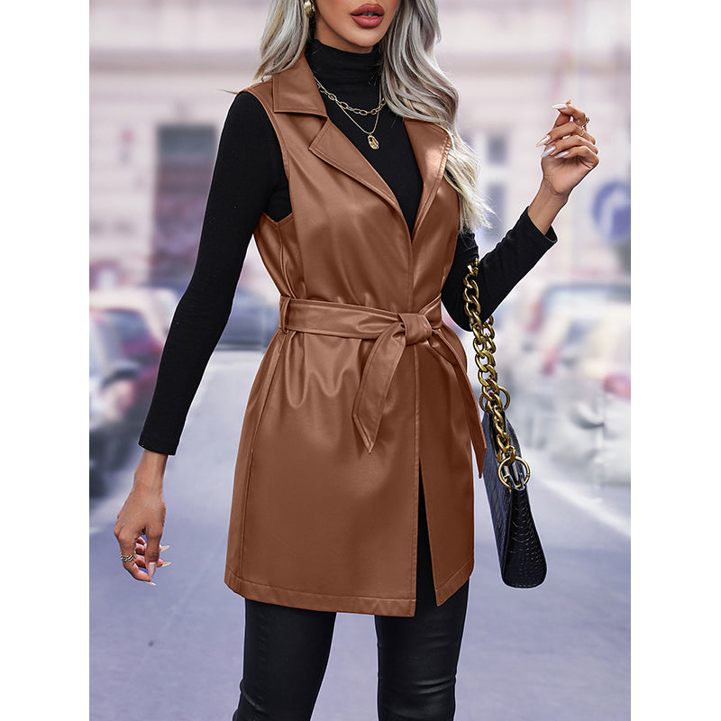 Brown Longline Sleeveless Leather Jacket