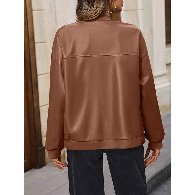 Brown Windcheater Stand Collar Bomber Jacket
