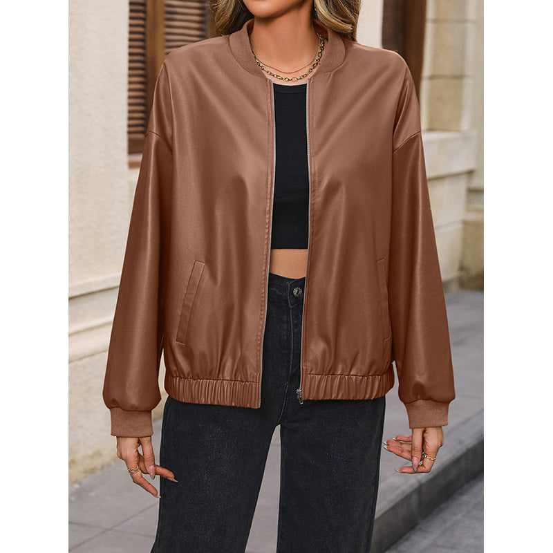 Brown Windcheater Stand Collar Bomber Jacket