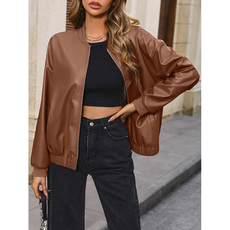 Brown Windcheater Stand Collar Bomber Jacket