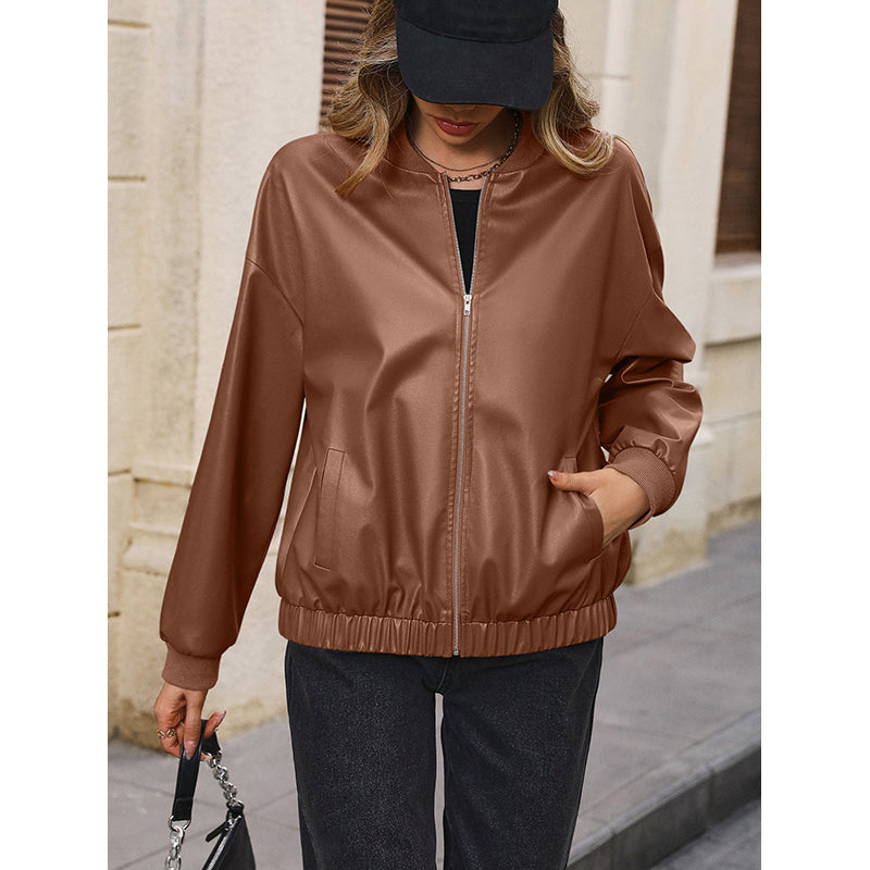 Brown Windcheater Stand Collar Bomber Jacket