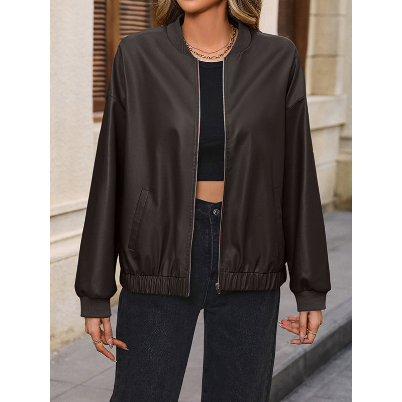 Coffee Brown Windcheater Stand Collar Bomber Jacket