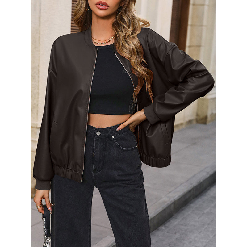 Coffee Brown Windcheater Stand Collar Bomber Jacket