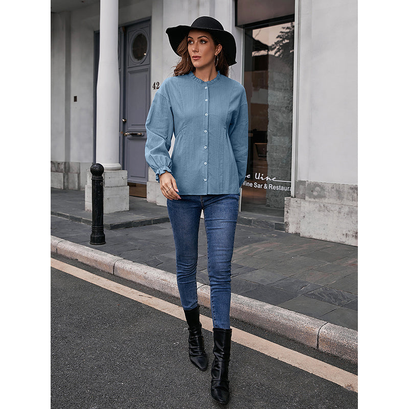 Blue Collarless Cotton Casual Shirt