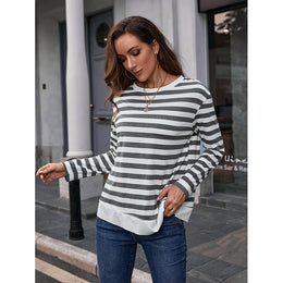Grey & White Striped Long Sleeved Top