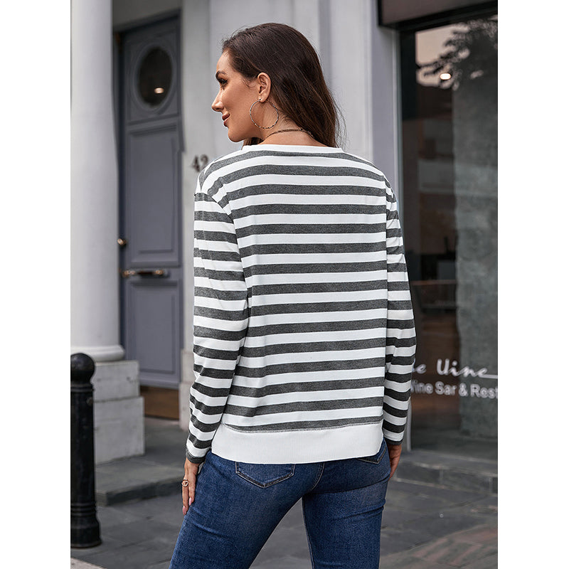 Grey & White Striped Long Sleeved Top
