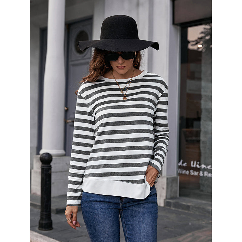 Grey & White Striped Long Sleeved Top