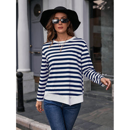 Blue Striped Round Neck Cotton Top