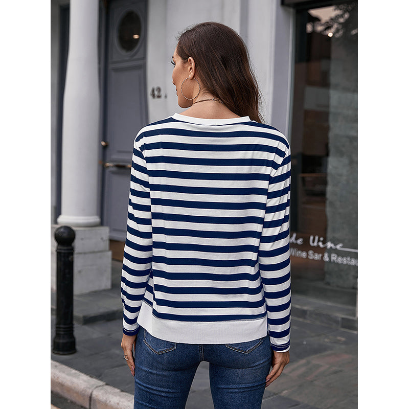 Blue Striped Round Neck Cotton Top