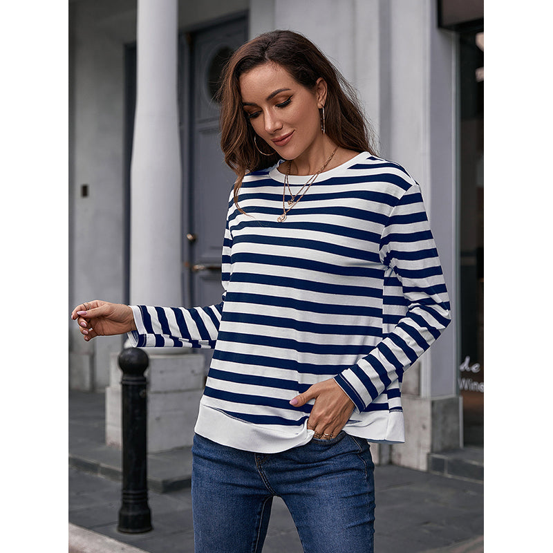 Blue Striped Round Neck Cotton Top