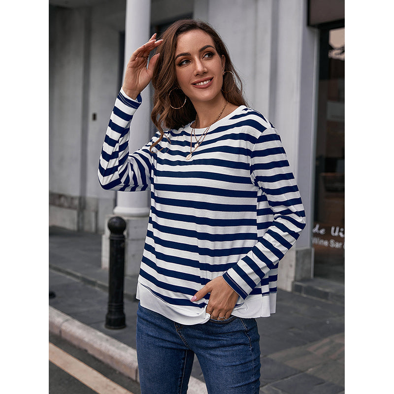 Blue Striped Round Neck Cotton Top