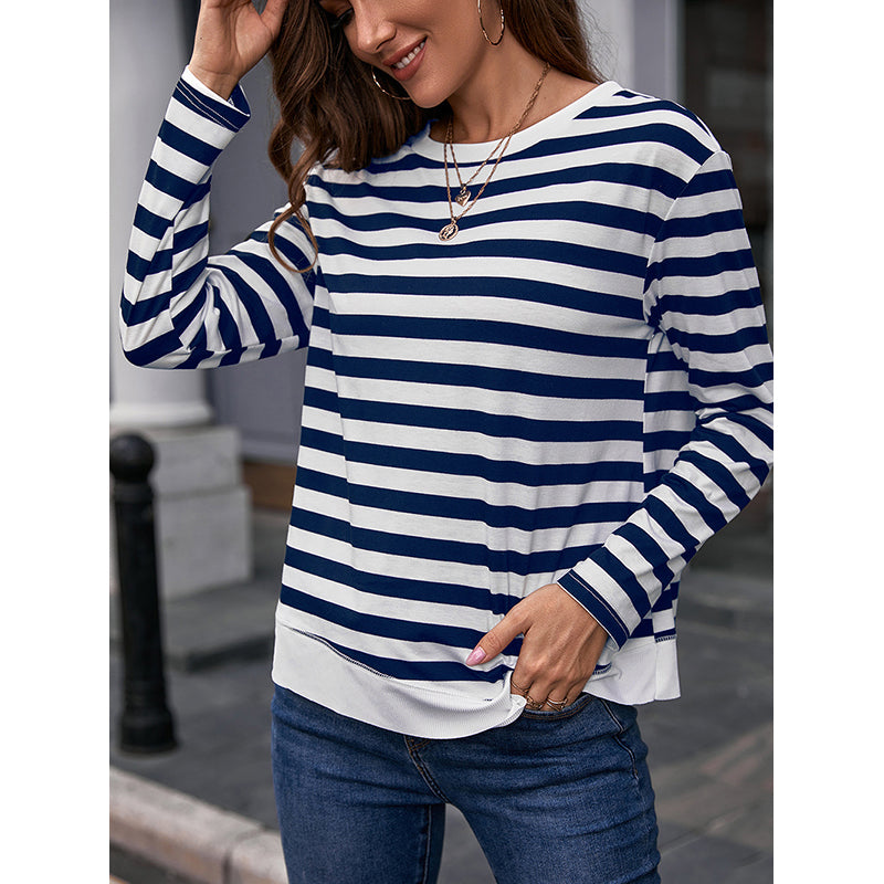 Blue Striped Round Neck Cotton Top