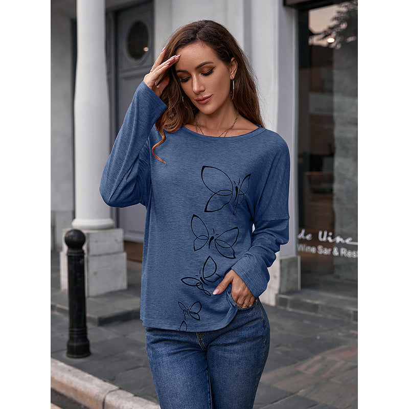 Blue Graphic Printed Long Sleeve Top