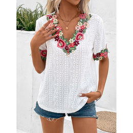 White V Neck Floral Embroidered Top