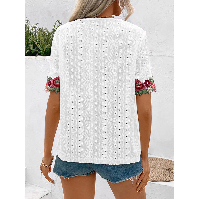 White V Neck Floral Embroidered Top