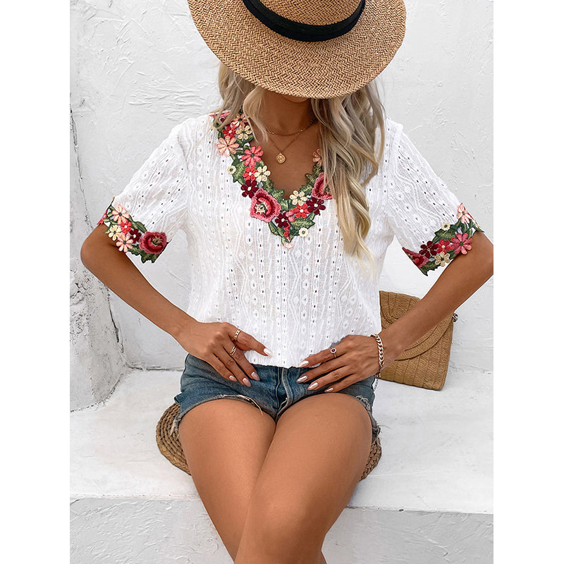 White V Neck Floral Embroidered Top