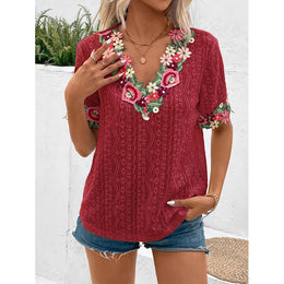 Maroon Floral Embroidered V Neck Top