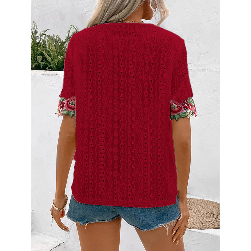 Maroon Floral Embroidered V Neck Top
