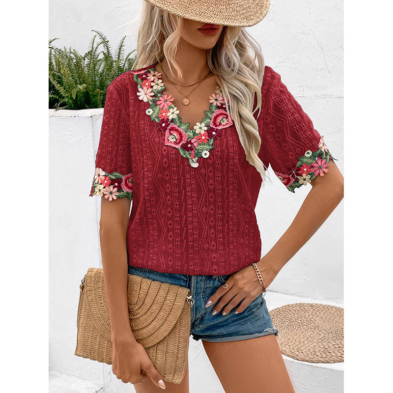 Maroon Floral Embroidered V Neck Top