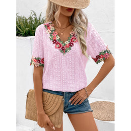 Geometric Embroidered V-Neck Linen Semi Sheer Casual Top