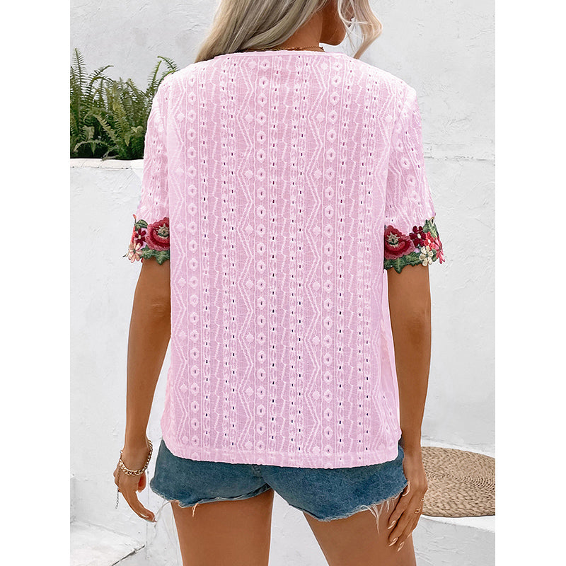 Geometric Embroidered V-Neck Linen Semi Sheer Casual Top