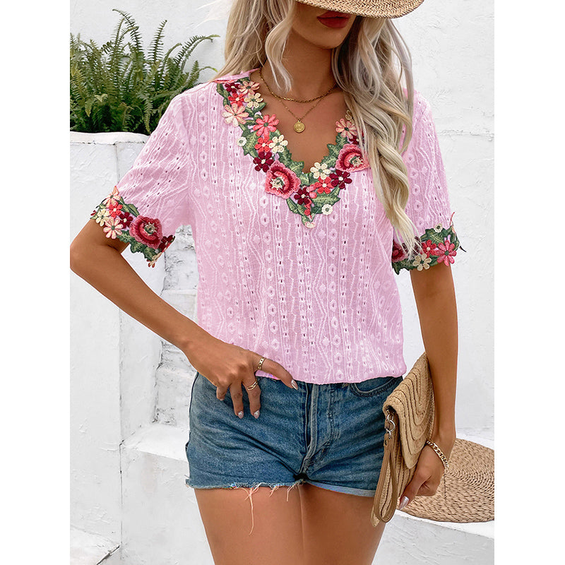Geometric Embroidered V-Neck Linen Semi Sheer Casual Top