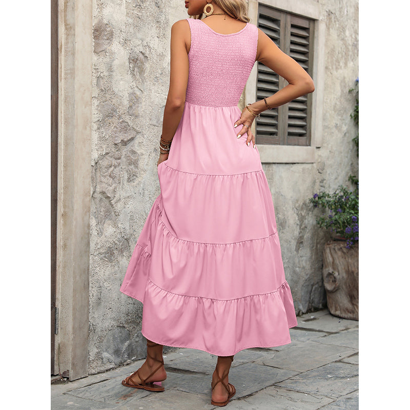 Pink Round Neck Layered A-Line Midi Dress