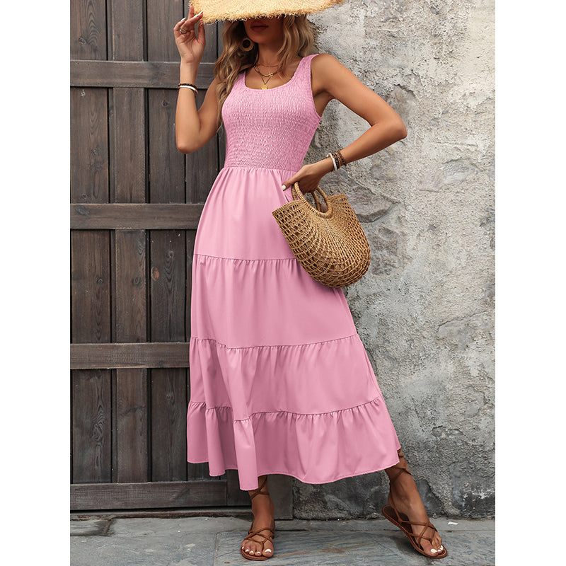 Pink Round Neck Layered A-Line Midi Dress