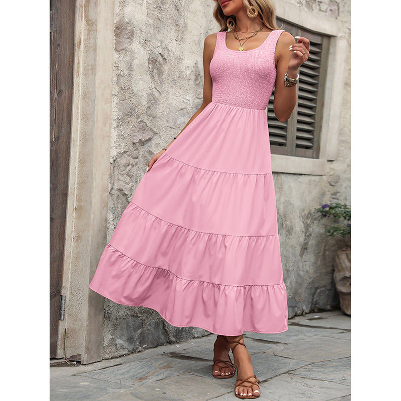 Pink Round Neck Layered A-Line Midi Dress