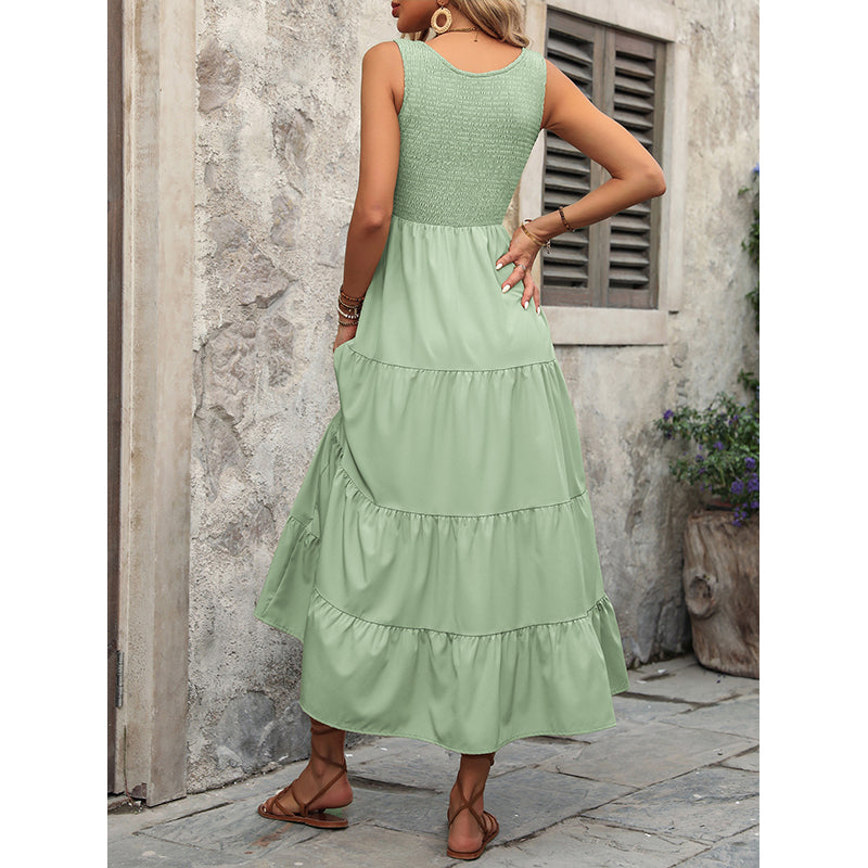 Round Neck Sleeveless Smocked Tiered Fit & Flare Midi Dress