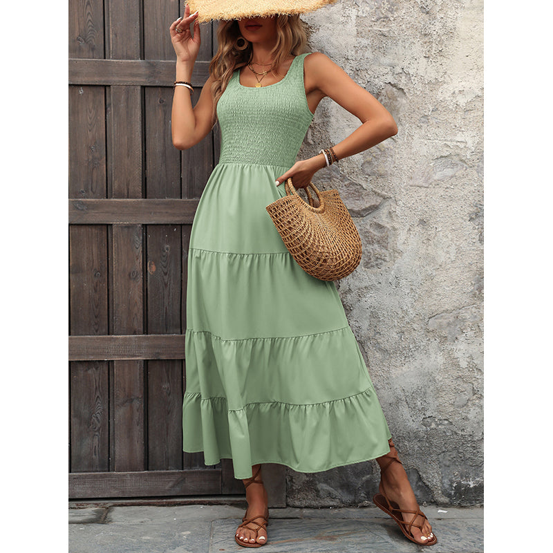 Round Neck Sleeveless Smocked Tiered Fit & Flare Midi Dress