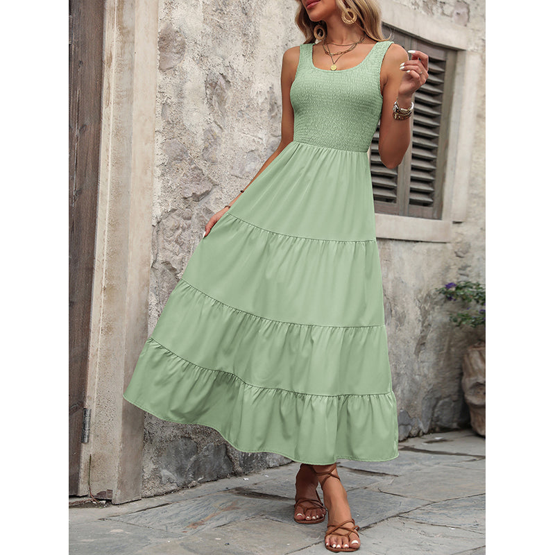 Round Neck Sleeveless Smocked Tiered Fit & Flare Midi Dress