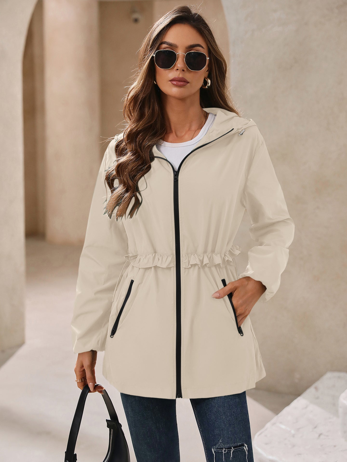 Beige Hooded Long Sleeves Shrug