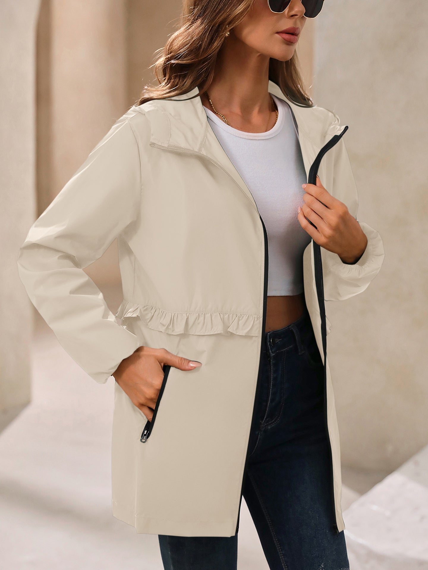 Beige Hooded Long Sleeves Shrug
